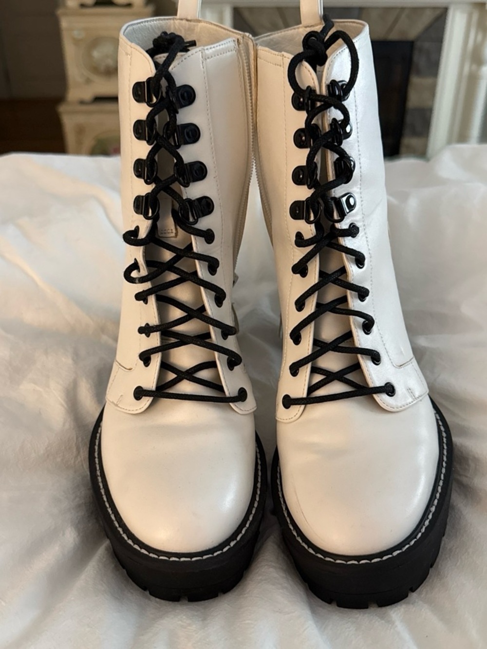White Lace-Up Combat Boots with Black Laces